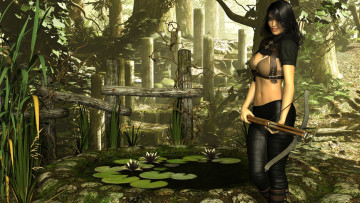 Картинка 3д+графика амазонки+ amazon цветы водоем фон арбалет растение взгляд девушка
