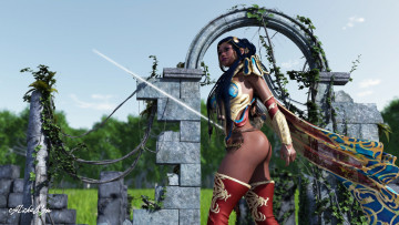 Картинка 3д+графика амазонки+ amazon девушка взгляд руины оружие фон
