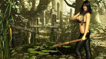 обоя 3д графика, амазонки , amazon, водоем, арбалет, взгляд, растение, цветы, девушка, фон