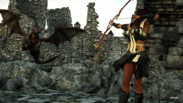 Картинка 3д+графика фантазия+ fantasy дракон лук взгляд девушка