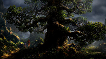 Картинка рисованное природа большое дерево люди