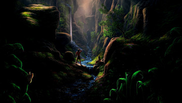 Картинка рисованное природа горы каньён деревья люди