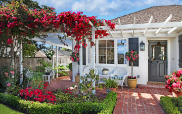 Картинка города -+здания +дома качели стулья бугенвиллия цветы сад дом газон трава