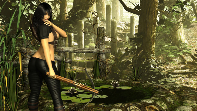 Обои картинки фото 3д графика, амазонки , amazon, растение, цветы, водоем, арбалет, девушка, взгляд, фон