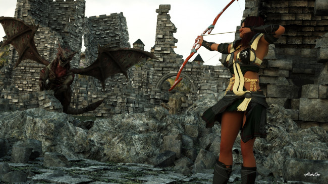 Обои картинки фото 3д графика, фантазия , fantasy, дракон, лук, взгляд, девушка