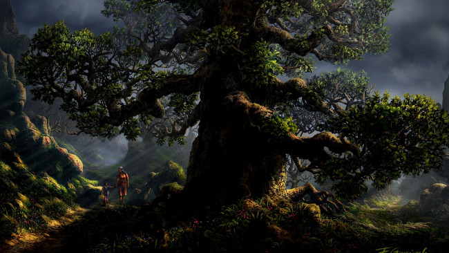 Обои картинки фото рисованное, природа, большое, дерево, люди