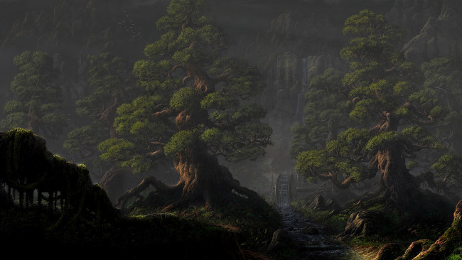 Обои картинки фото рисованное, природа, вечер, деревья