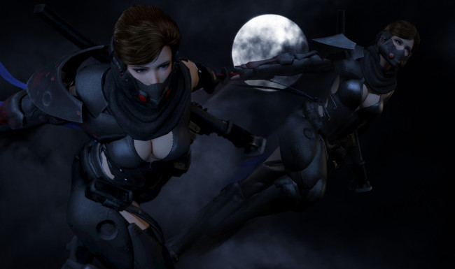 Обои картинки фото 3д графика, фантазия , fantasy, оружие, луна, фон, взгляд, девушки