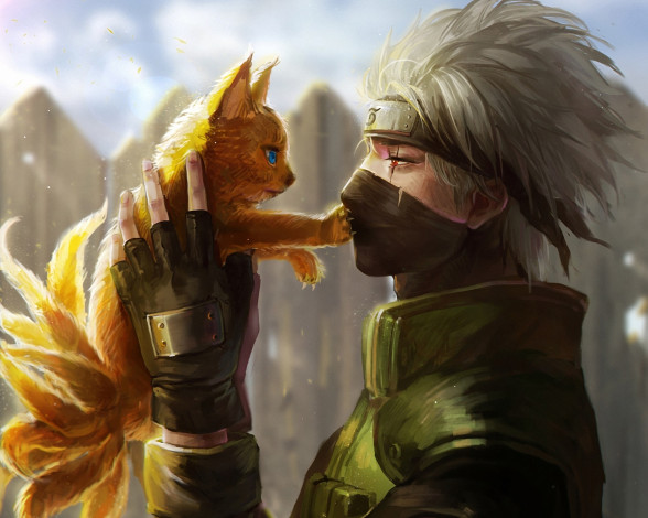 Обои картинки фото аниме, naruto, шрам, бандана, хвосты, лис, парень, hatake, kakashi, арт, oreki, genya