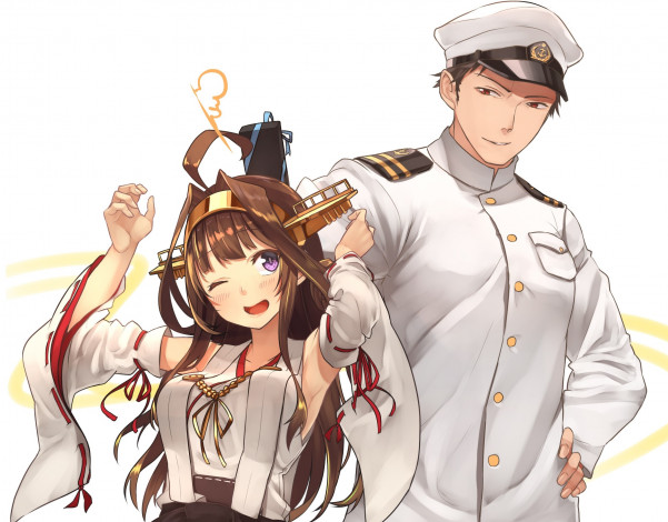 Обои картинки фото аниме, kantai collection, фон, парень, взгляд, девушка