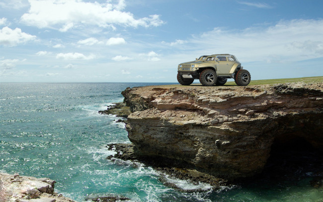 Обои картинки фото hummer hb concept, автомобили, 3д, арт, скалы, море, concept, hb, hummer, 3d, природа
