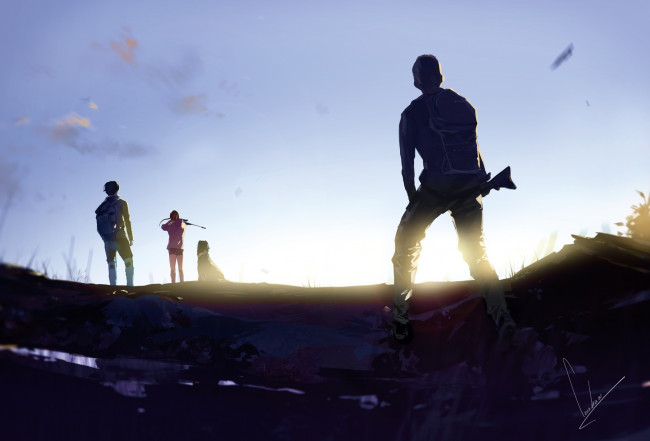 Обои картинки фото аниме, оружие,  техника,  технологии, девушка, закат, парни, loundraw