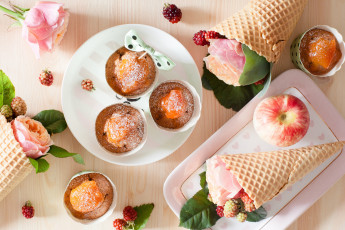 Картинка еда пирожные +кексы +печенье рожок яблоко кекс розы тыквенный маффины вафли