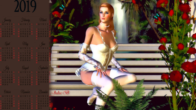 Обои картинки фото календари, 3д-графика, скамейка, девушка, куст, цветы, водопад