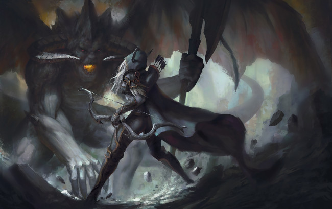 Обои картинки фото видео игры, diablo ii, плащ, девушка, фон, демон, лук