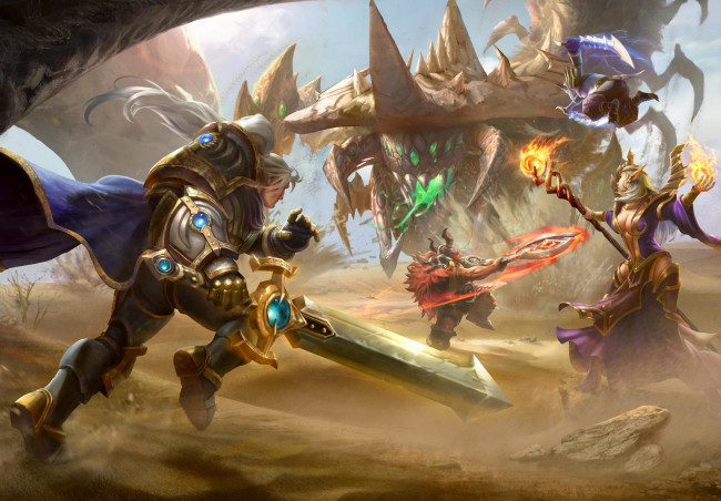 Обои картинки фото видео игры, stormthrone,  aeos rising, герои, бой, чудовище