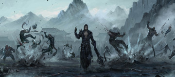 Картинка фэнтези маги +волшебники бой фон взрыв мужчина арбалет