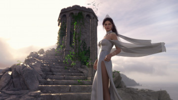 Картинка 3д+графика люди+ people девушка фон платье взгляд башня