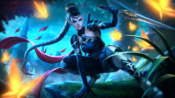 Картинка видео+игры league+of+legends девушка фон взгляд коса униформа кинжал бабочки
