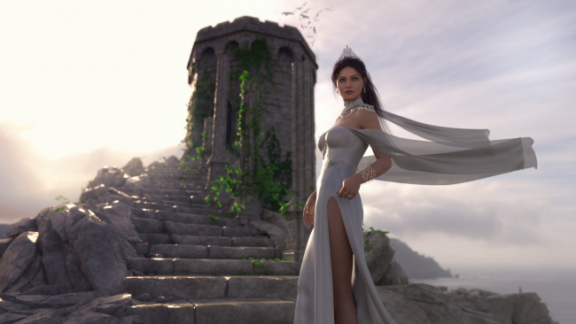 Обои картинки фото 3д графика, люди , people, девушка, фон, платье, взгляд, башня