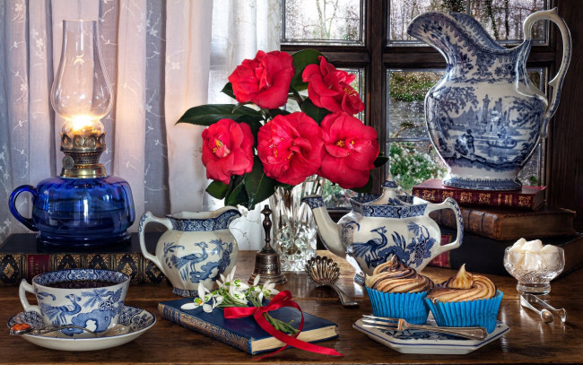 Обои картинки фото еда, натюрморт, чай, кексы, сахар, камелии