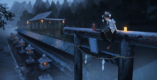 Обои картинки фото аниме, город,  улицы,  интерьер,  здания, девочка, ворота, постройки