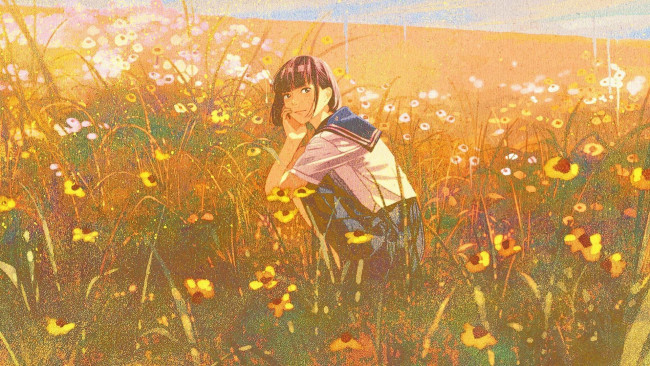 Обои картинки фото аниме, пейзажи,  природа, девочка, поле