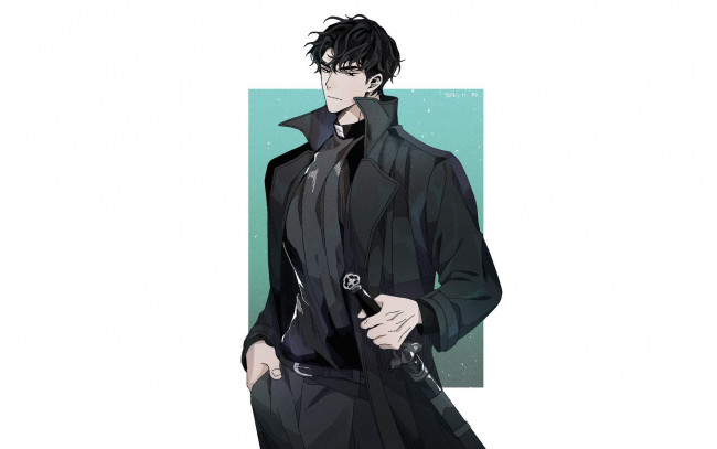 Обои картинки фото аниме, unknown,  другое , парень, плащ, меч