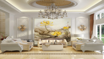 Картинка интерьер гостиная люстра диваны картина