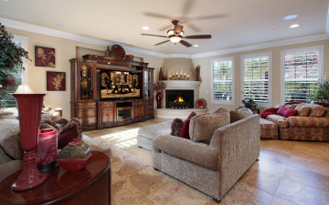 обоя интерьер, гостиная, камин, свечи, телевизор, мягкий, уголок