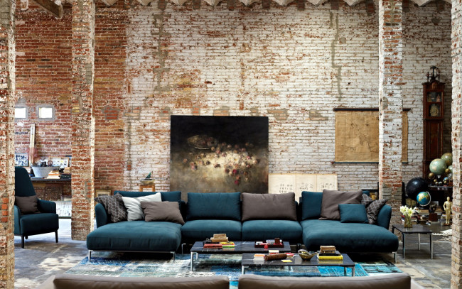 Обои картинки фото интерьер, гостиная, кирпичная, стена, мягкий, уголок