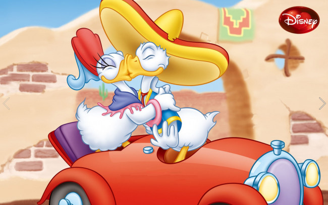 Обои картинки фото мультфильмы, disney, дональд, дак, поцелуй, машина