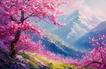 Картинка рисованное природа свет снег деревья пейзаж горы ветки туман