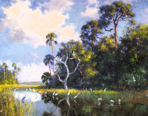 Картинка рисованное albert+ernest+backus деревья облака озеро цапли