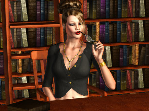 Картинка 3д графика people люди книги полки девушка очки