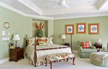 Картинка интерьер спальня кровать декор цветы