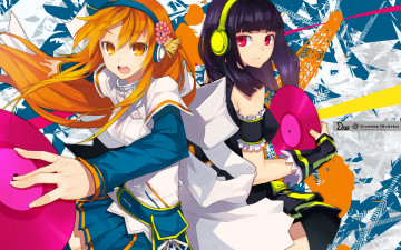 обоя аниме, beatmania, наушники, пластинка, музыка, девушки