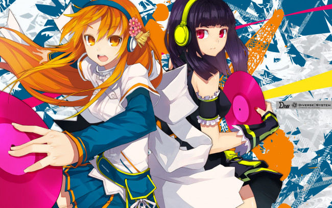 Обои картинки фото аниме, beatmania, наушники, пластинка, музыка, девушки