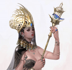 Картинка фэнтези девушки клетка украшения белый фон девушка птица посох