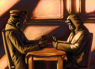 Картинка фэнтези люди капюшон куртка очки комната арт противогазы игра карты стол