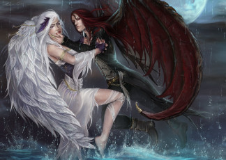 Картинка фэнтези ангелы арт девушка парень вода крылья раны нож луна