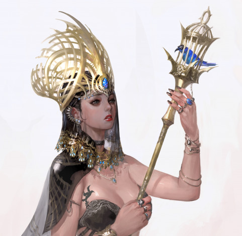 Обои картинки фото фэнтези, девушки, клетка, украшения, белый, фон, девушка, птица, посох