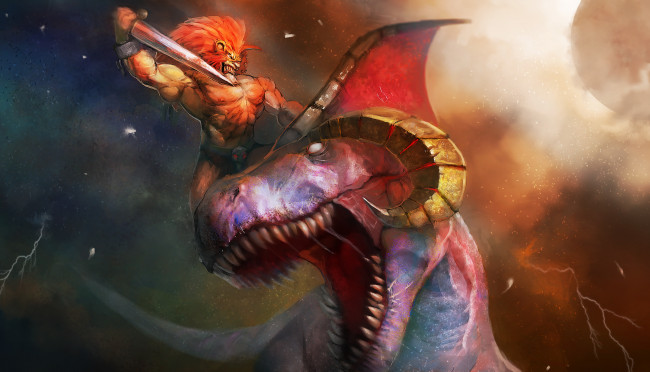 Обои картинки фото фэнтези, драконы, лев, клыки, пасть, меч, молнии, бой, рога, дракон