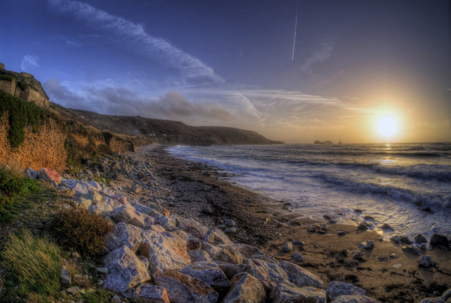 Обои картинки фото природа, восходы, закаты, солнце, океан, облака, горизонт, скалы