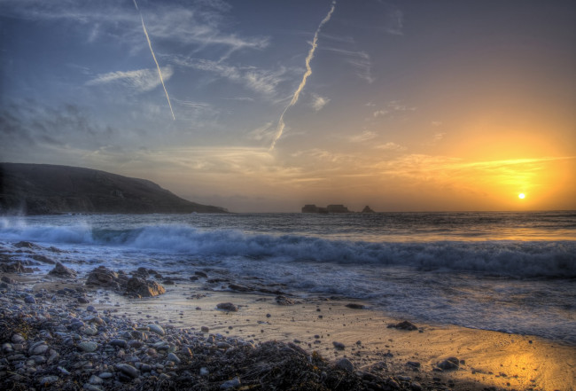 Обои картинки фото природа, восходы, закаты, солнце, океан, пляд, прибой, тучи