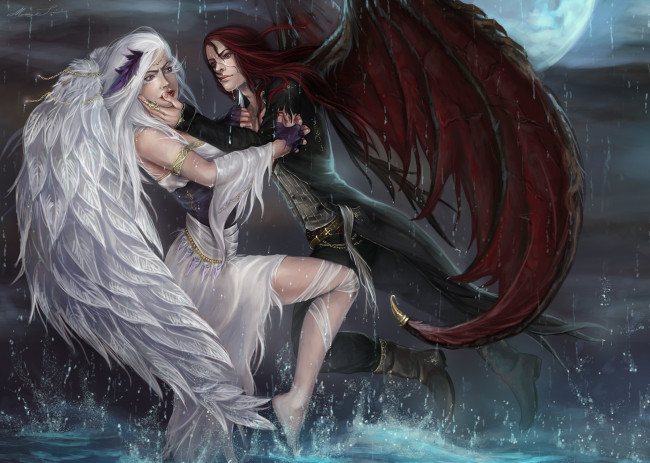 Обои картинки фото фэнтези, ангелы, арт, девушка, парень, вода, крылья, раны, нож, луна