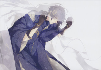 Картинка аниме touken+ranbu mikazuki munechika парень кимоно покрывало art серый фон fumi takamura танец мечей перчатки touken ranbu