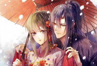 Картинка аниме животные +существа когти otogaki yoro рог ёкай art кимоно зонт челка снег двое