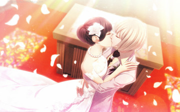 Картинка аниме clock+zero поцелуй жених и невеста свадебное платье шлейф лепестки art алтарь clock zero nadeshiko kurou церковь philosopher бусы nagaoka свадьба