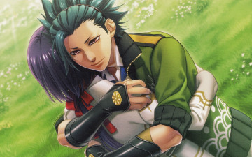 обоя аниме, kamigami no asobi, объятия, трава, луг, kamigami, no, asobi, игры, богов, yone, kazuki, art, yui, kusanagi, takeru, totsuka, парень, куртка, visual, novel